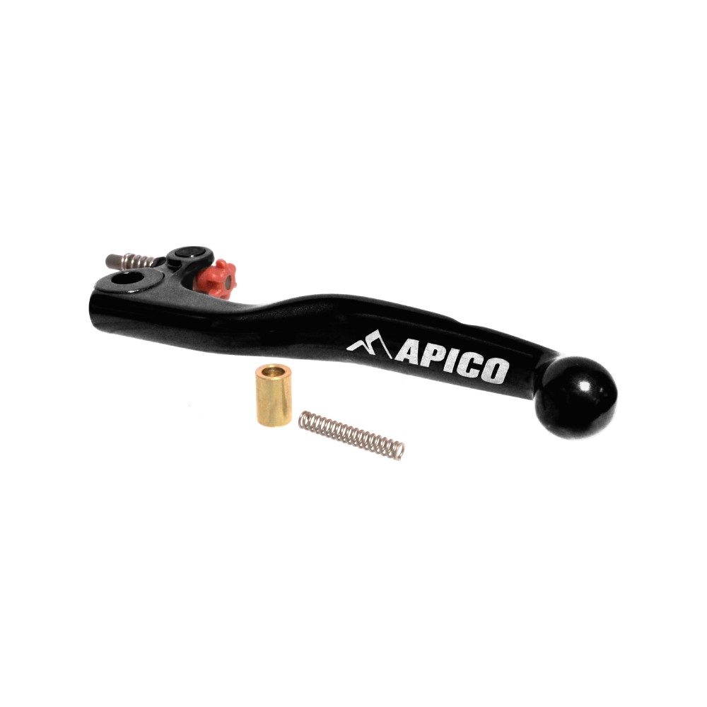Black Apico Elite Magura clutch lever with adjuster, featuring a round ball end, gold bushing, and spring, designed for KTM models from 1998-2008 and specific SX models.