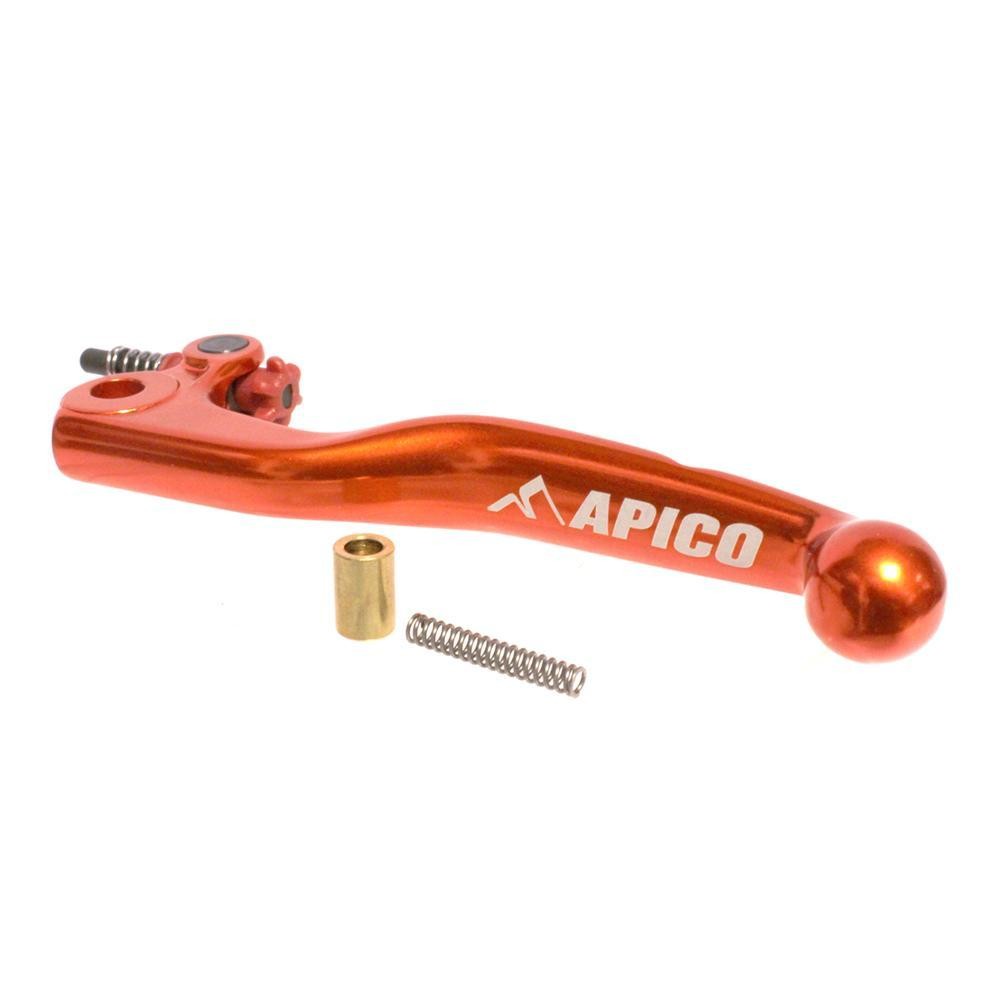 Apico Elite Magura clutch lever in long orange aluminum, featuring an adjuster, with a gold bushing, spring, and a sleek design for KTM models from 1998-2008 and specific SX models.