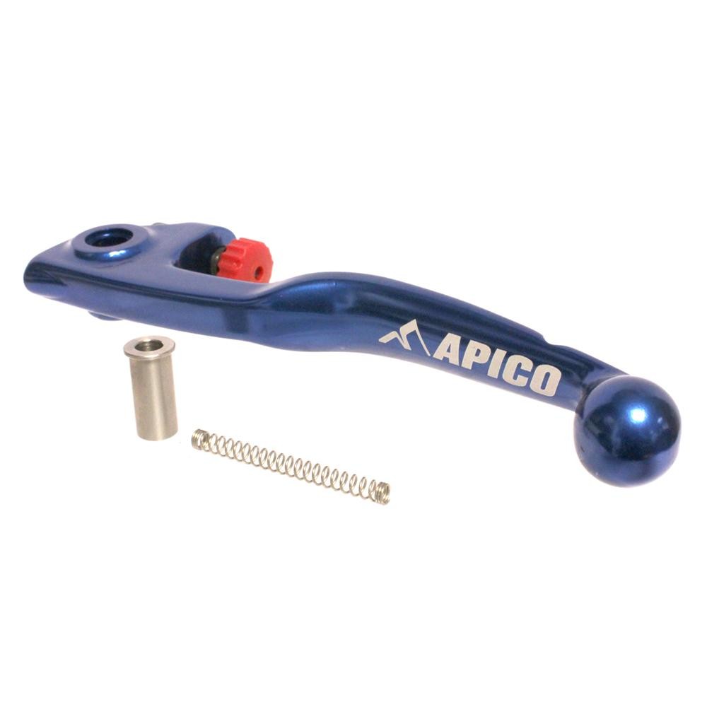 Blue aluminum Apico Brembo Elite clutch lever features an adjustable design, with a red adjustment knob, a silver bushing, and a spring, suitable for Husqvarna TC/FC models 2022-2025.