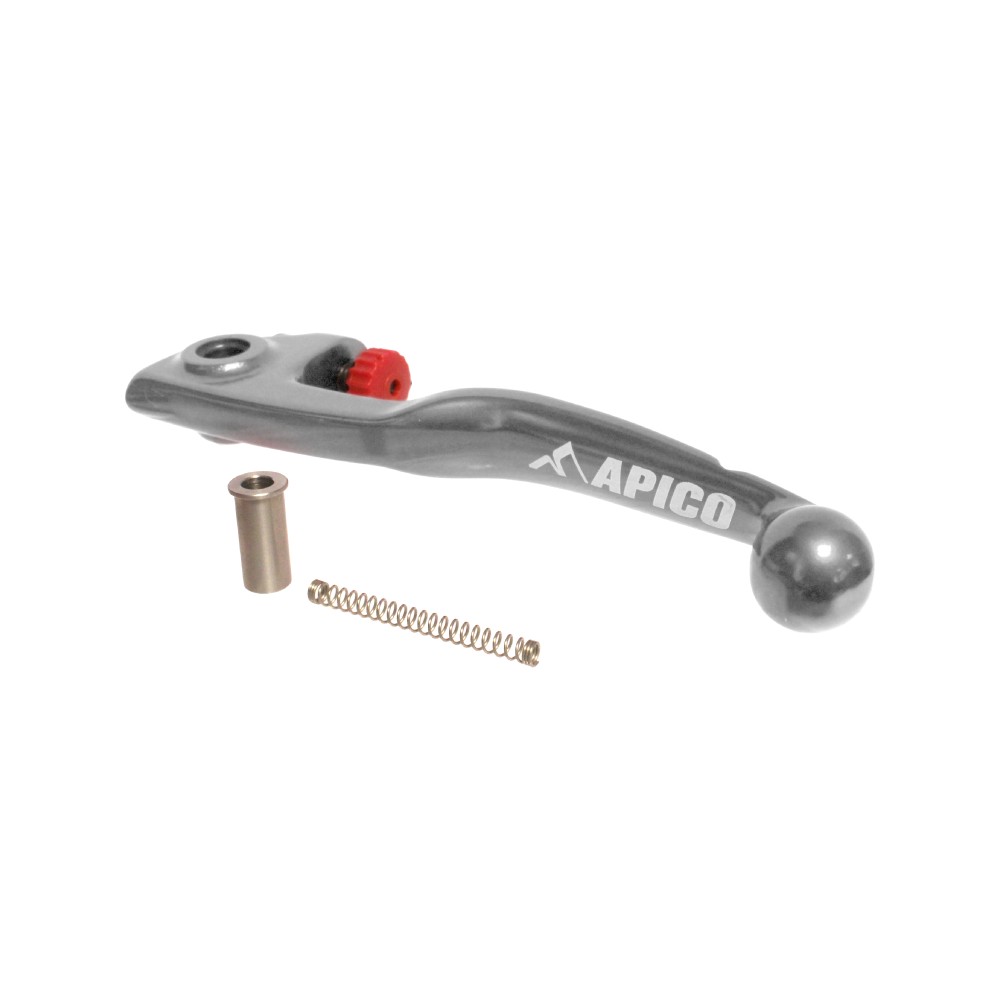 Silver Apico Brembo Elite clutch lever with a sleek design, featuring a red adjustment knob, a bronze bushing, and a coiled spring, suitable for various KTM models from 2007 to 2025.