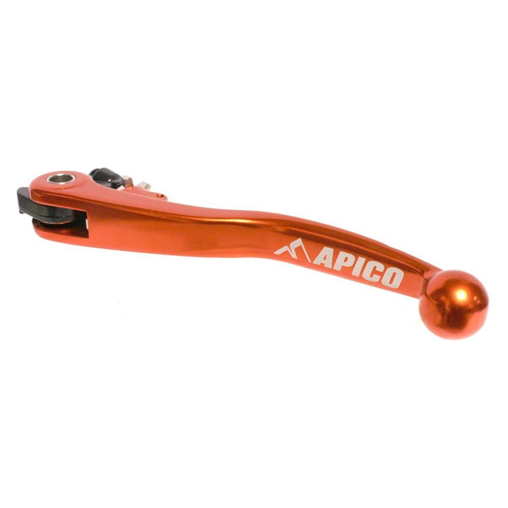 Orange aluminum clutch lever with a glossy finish, featuring the "APICO" logo, designed for KTM and Husqvarna motorcycles, highlighting its adjustable mechanism.