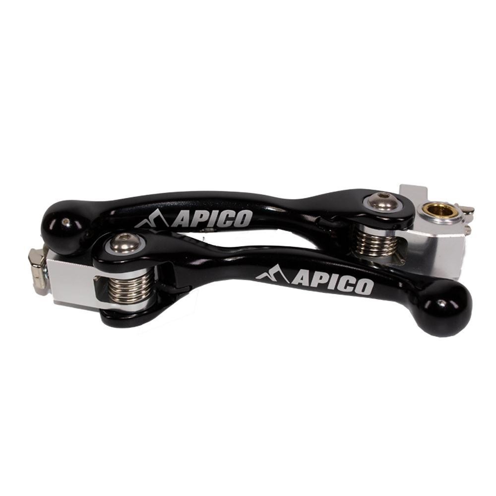 Black flexi levers set for Honda CRF450R and CRF450RX, featuring a sleek design with silver accents and the Apico logo prominently displayed.