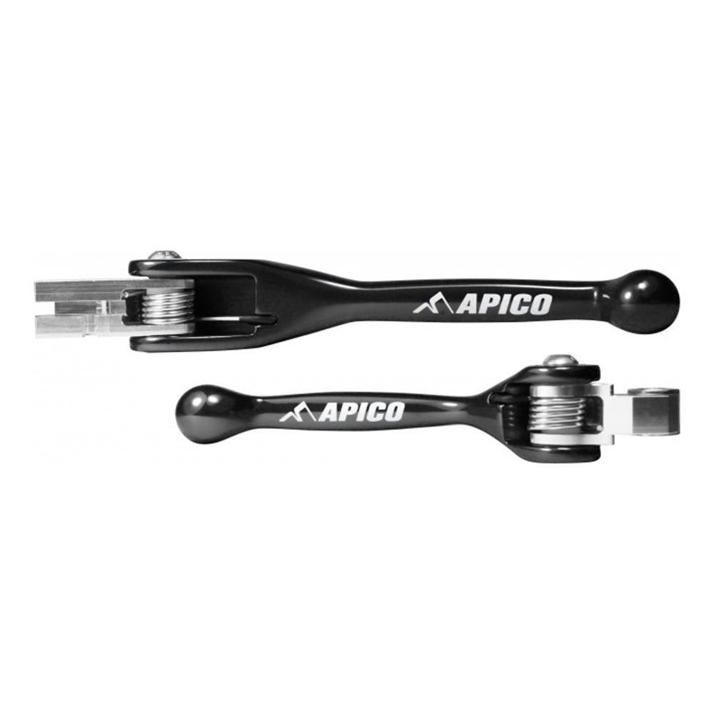 Black Apico flexi levers designed for Kawasaki KXF250 (2021-2023), KXF450 (2019-2023), and KX 250/450XC (2021-2023), featuring a durable material and sleek design.