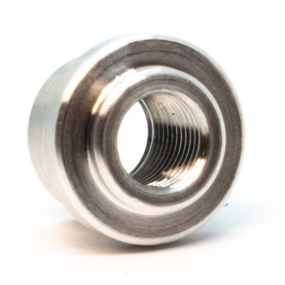 Aluminium 1/8 inch BSP air temperature sensor mounting boss with a smooth, polished finish and internal threading for secure attachment.