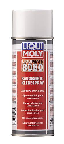 High-strength adhesive spray in a silver can with a red and black label, featuring the Liqui Moly logo and product details in multiple languages, 400ml capacity.
