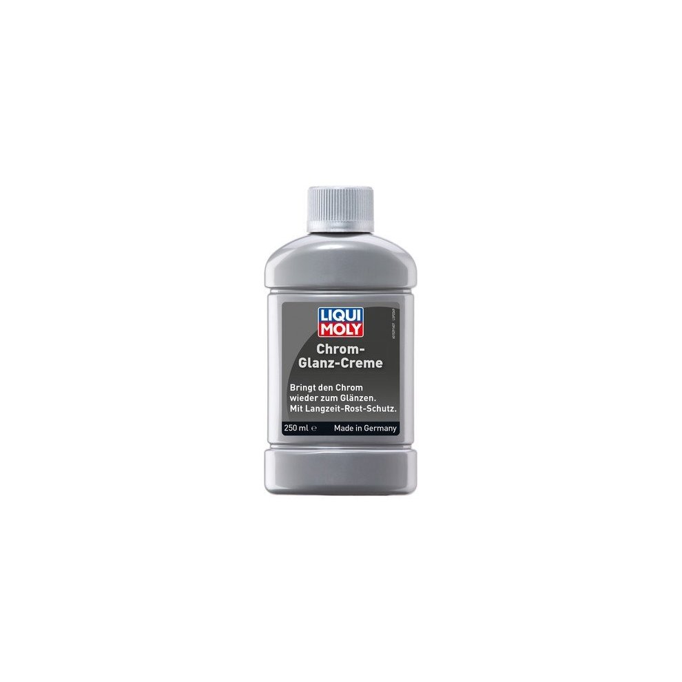 Bright chrome polishing cream in a 250ml gray plastic bottle with a silver cap, featuring a black label with white and red text, highlighting its chrome restoration and long-term rust protection.