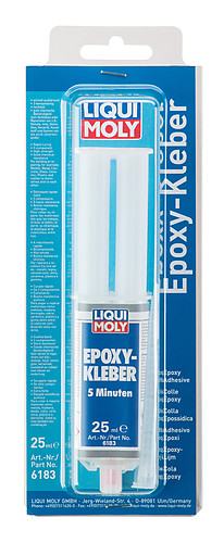 LIQUI MOLY 6183 epoxy adhesive in a 25ml blister pack, featuring a grey tube with a blue applicator tip and clear packaging displaying product details prominently.
