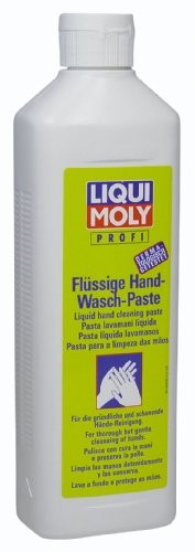 White plastic bottle with a green and yellow label, featuring "LIQUI MOLY" branding and product details, containing 500ml of liquid hand cleaning paste.