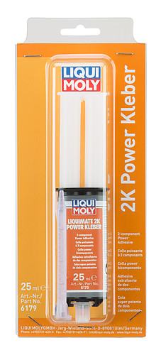 LIQUI MOLY 6179 Epoxy Adhesive in a 25ml blister pack featuring a grey tube with orange and white branding, labeled as a 2-component power adhesive.