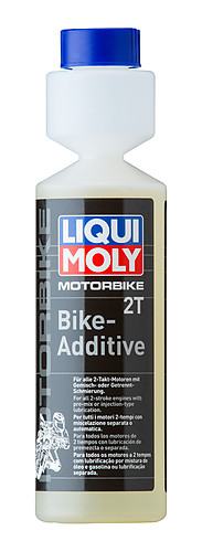 Clear plastic bottle with a blue cap, labeled "Liqui Moly 1582 Two-Stroke Motorbike Bike Additive 250ml," featuring a black and red design with white text and a motorcycle graphic.