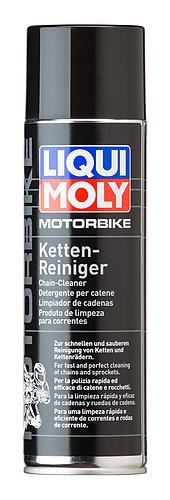 Black spray can with a red and blue label, labeled "LIQUI MOLY MOTORBIKE Chain Cleaner," featuring a chain graphic and text in multiple languages, designed for cleaning motorbike chains and brakes.