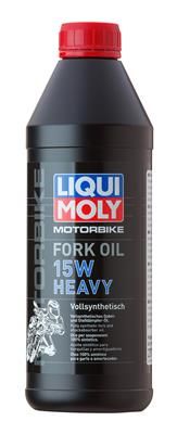 Black plastic bottle of Liqui Moly 15W Heavy Fork Oil, 1 liter, featuring a red screw cap, bold blue and red branding, and a motorcycle graphic on the side.