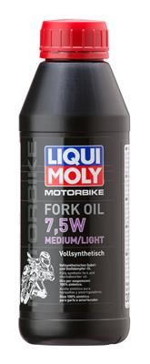 Black plastic bottle with a red screw cap, labeled "Liqui Moly Fork Oil 7.5W Medium/Light" in blue and white text, featuring a graphic of a motorcycle and product details.
