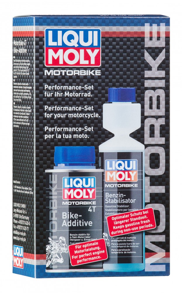 Liqui Moly Performance Set includes a gray 4T Bike Additive bottle and a white Gas Stabilizer bottle, both featuring the Liqui Moly logo on a black and silver patterned box.