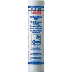 White cylindrical cartridge with blue and red branding, labeled "LIQUI MOLY 3552 Multipurpose Grease," indicating a weight of 400g, designed for various lubrication applications.