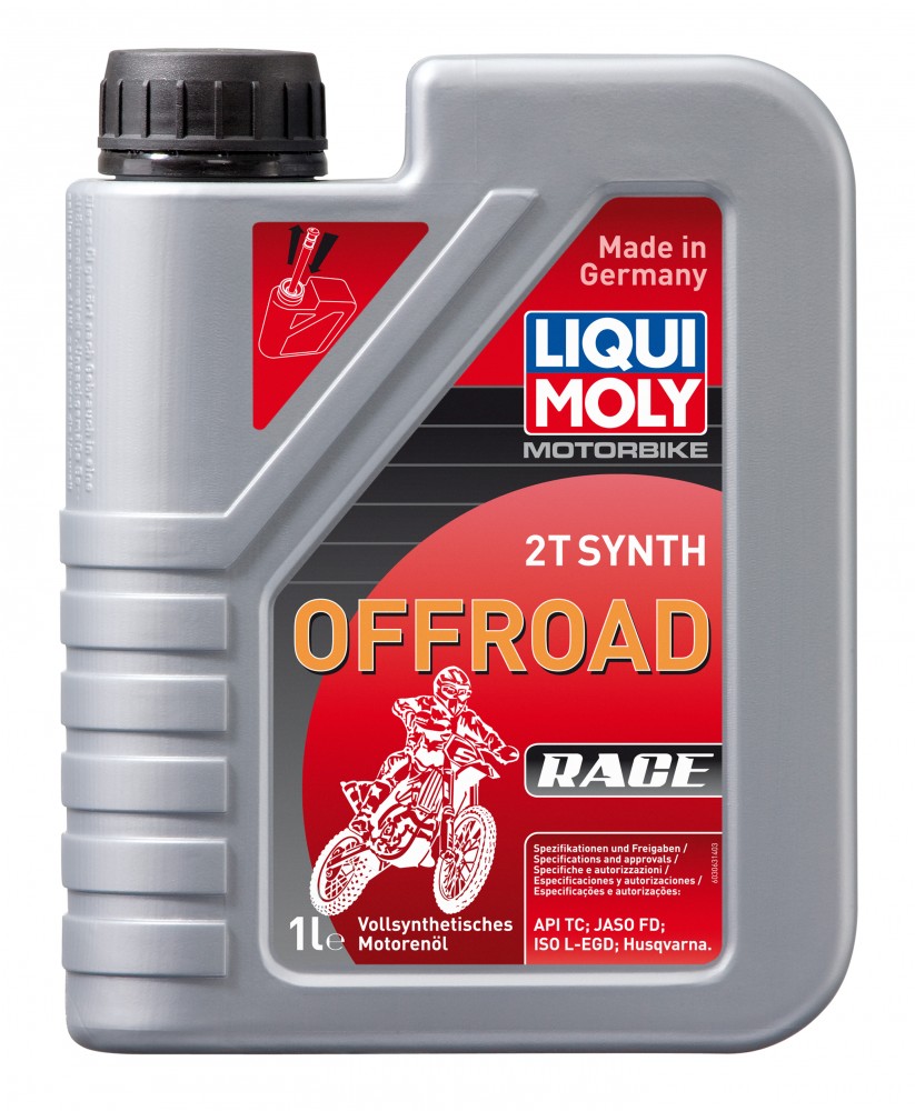 Gray plastic container with a black screw cap, labeled "LIQUI MOLY 3063 2T SYNTH OFFROAD RACE," indicating 1 liter of full synthetic engine oil, made in Germany.
