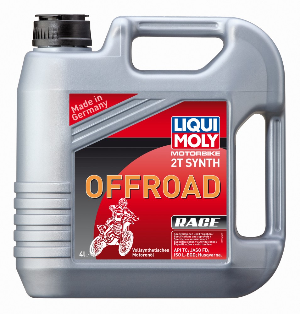 Gray plastic container of LIQUI MOLY 3064 full synthetic engine oil, 4 liters, featuring a red and black label with a motorcycle graphic, marked "OFFROAD" and "Made in Germany."