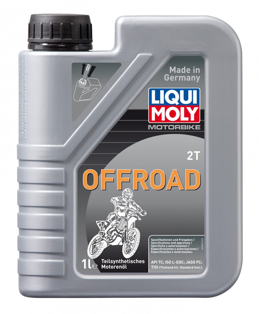 Gray plastic container of LIQUI MOLY 3065 engine oil, 1 liter capacity, featuring a motorcycle graphic and bold "OFFROAD" text, with a blue and red logo at the top.