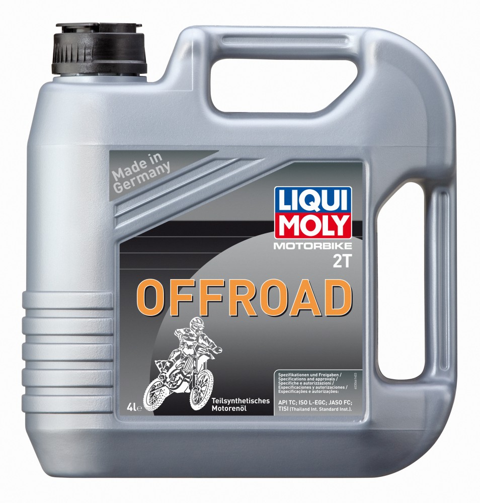Gray plastic container of LIQUI MOLY 3066 engine oil, 4 liters, featuring a black screw cap, bold "OFFROAD" label, and a graphic of a motorcycle rider.