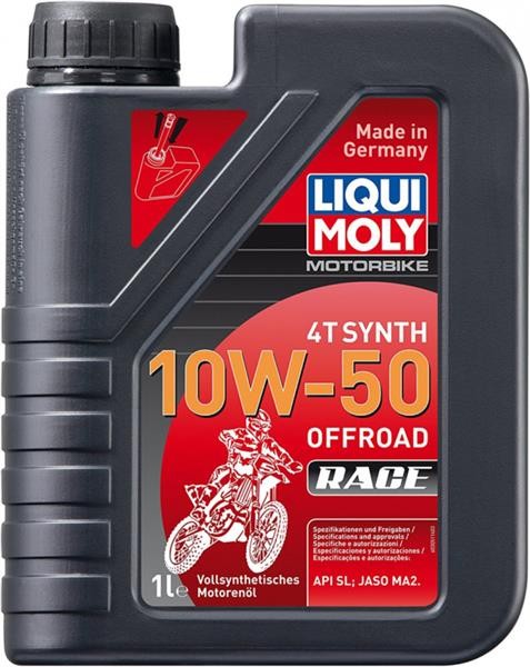 Black plastic container with a sturdy handle, labeled "LIQUI MOLY 10W-50" in bold red and blue text, featuring a motorcycle graphic, and indicating a capacity of 1 liter.