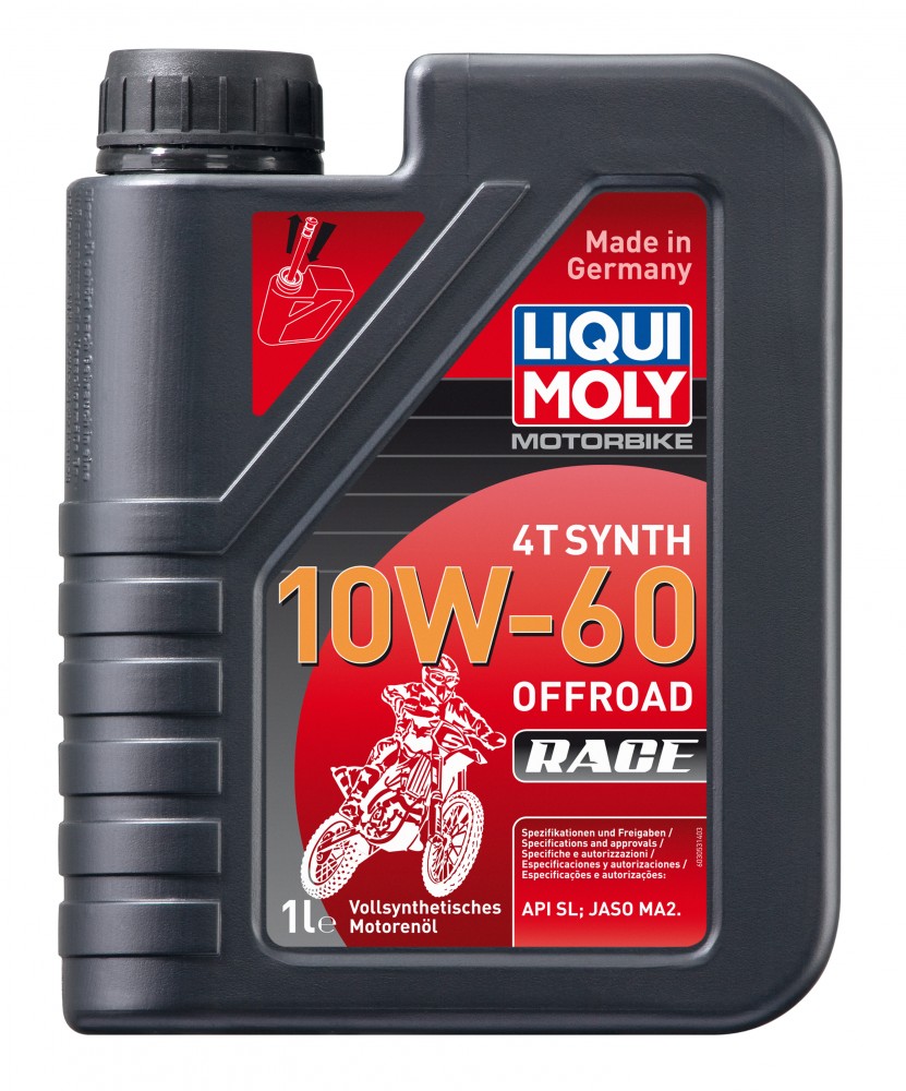Black plastic bottle of LIQUI MOLY 3053 Engine Oil, featuring a red and gray label with "10W-60" and a motorcycle graphic, capacity of 1 liter, marked as full synthetic oil.