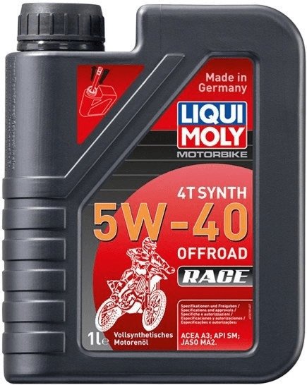 Black plastic container with a gray cap, labeled "Liqui Moly Off Road 4 Stroke Fully Synthetic Race Oil," featuring a red and blue logo, 5W40 specification, and a motorcycle graphic.