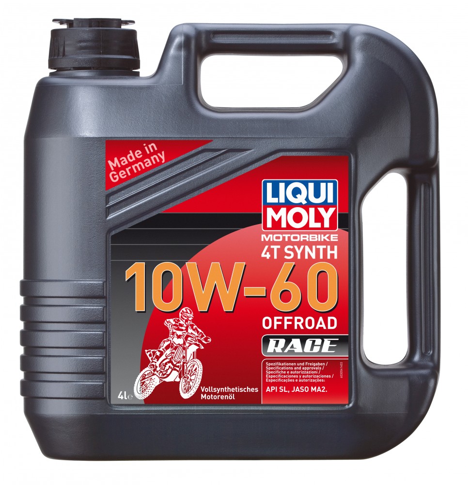 Black plastic container with a handle, featuring a red and black label that prominently displays "LIQUI MOLY 10W-60" and "4L," indicating full synthetic engine oil for off-road use.