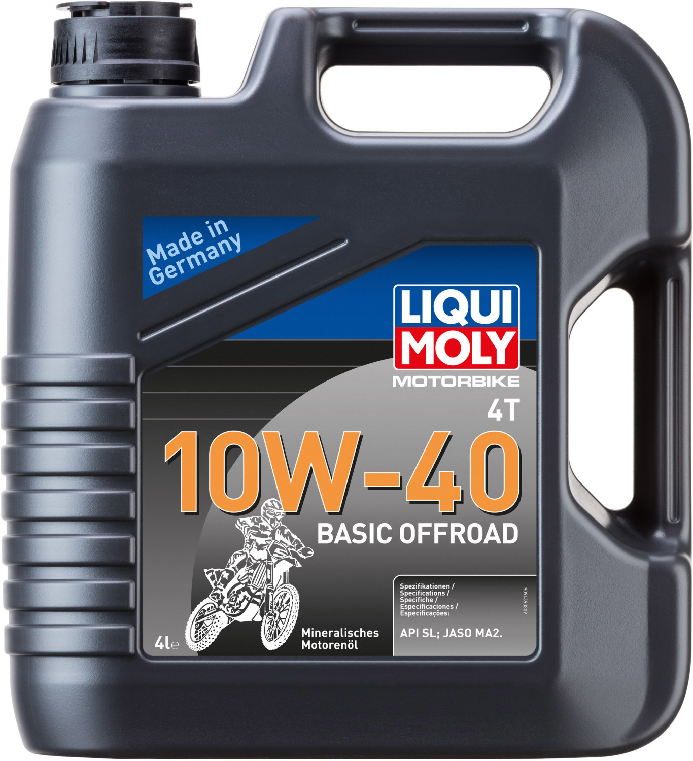 Black plastic container of Liqui Moly Off Road 4 Stroke Mineral Basic Oil, 1 litre, featuring a blue stripe and a motorcycle graphic, labeled 10W-40, made in Germany.