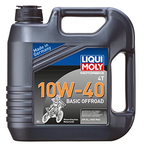 Black plastic container of LIQUI MOLY 3062 Engine Oil, 10W-40, 4 liters, featuring a bold orange and white label with a motorcycle graphic and "Made in Germany" text.