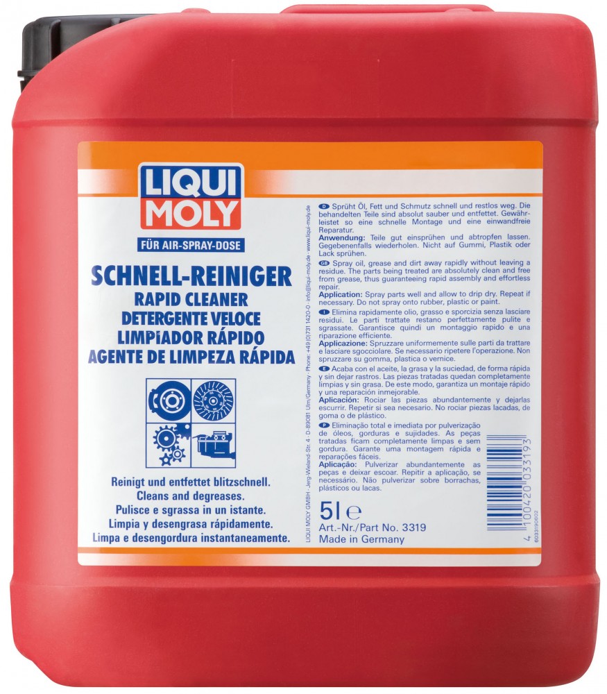 Red plastic container of Liqui Moly Rapid Cleaner 3319, 5 liters, featuring a blue label with multi-language text and usage instructions, prominently displaying the brand logo.