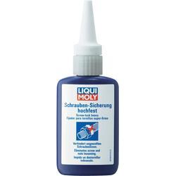 Blue plastic bottle with a white nozzle, labeled "LIQUI MOLY 3804 Threadlocker Screw-Retainer High Strength," featuring instructions and safety information in multiple languages.