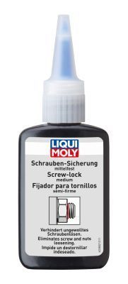 LIQUI MOLY 3802 Threadlocker in a black plastic bottle with a pointed nozzle, featuring a white label with red and blue text, designed for medium-strength screw retention.