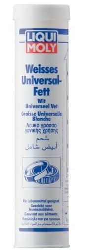 White cylindrical tube of Liqui Moly Universal White Grease, featuring blue and white branding, with text in multiple languages and an illustration of bearings.