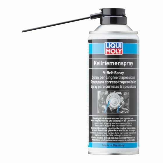 Silver aerosol can with a black nozzle, labeled "Liqui Moly V Belt Spray 2834 - 400 ML," featuring text in multiple languages and a graphic of a belt system.