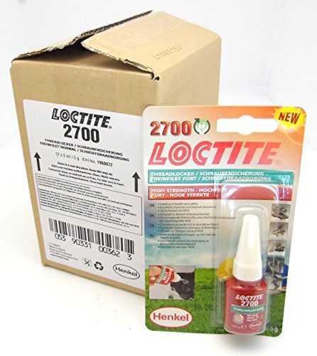 LOCTITE 2700 high-strength thread locker in a red bottle with a white nozzle, packaged in a clear plastic blister, next to a brown cardboard box with product details.