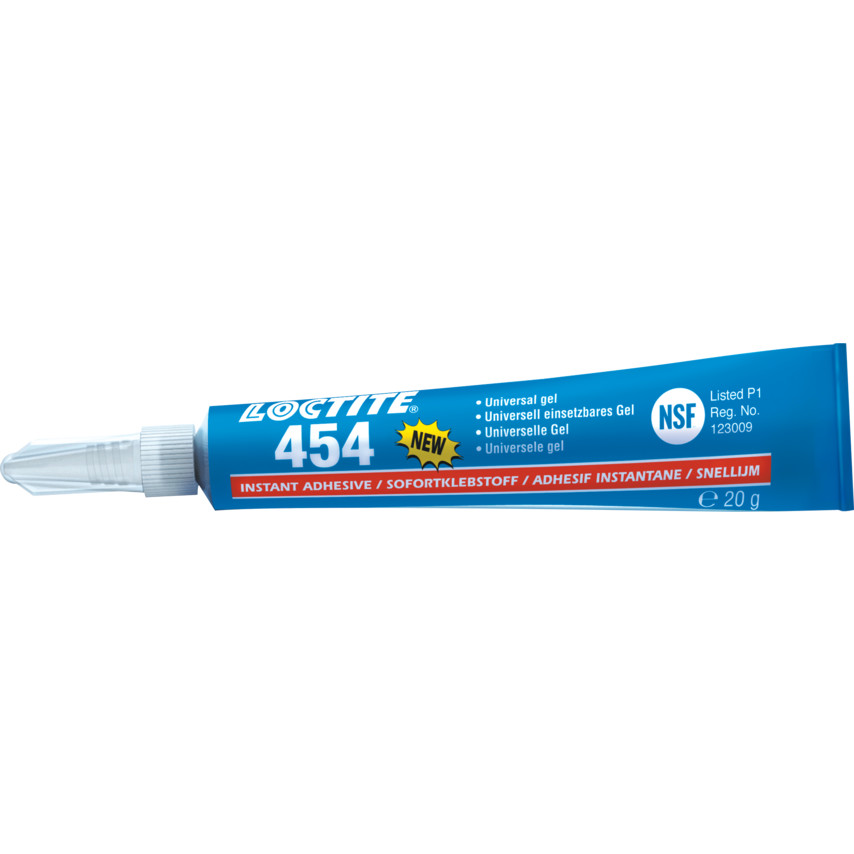Blue and white tube of LOCTITE 195678 454 Surface Insensitive Gel, 20g, featuring a pointed nozzle and labeled as "NEW" with NSF certification.