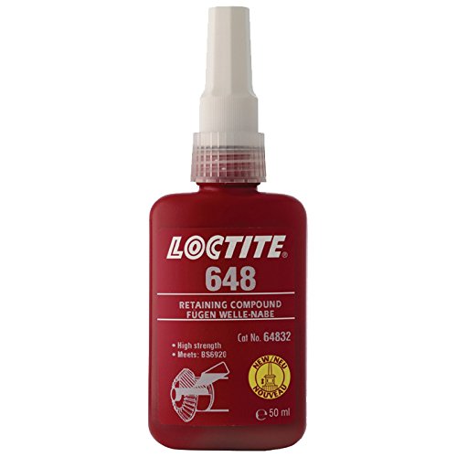 Red bottle of LOCTITE 648 High Strength High Temperature Fast Cure adhesive, featuring a white nozzle and a capacity of 50ml, with text indicating its use as a retaining compound.