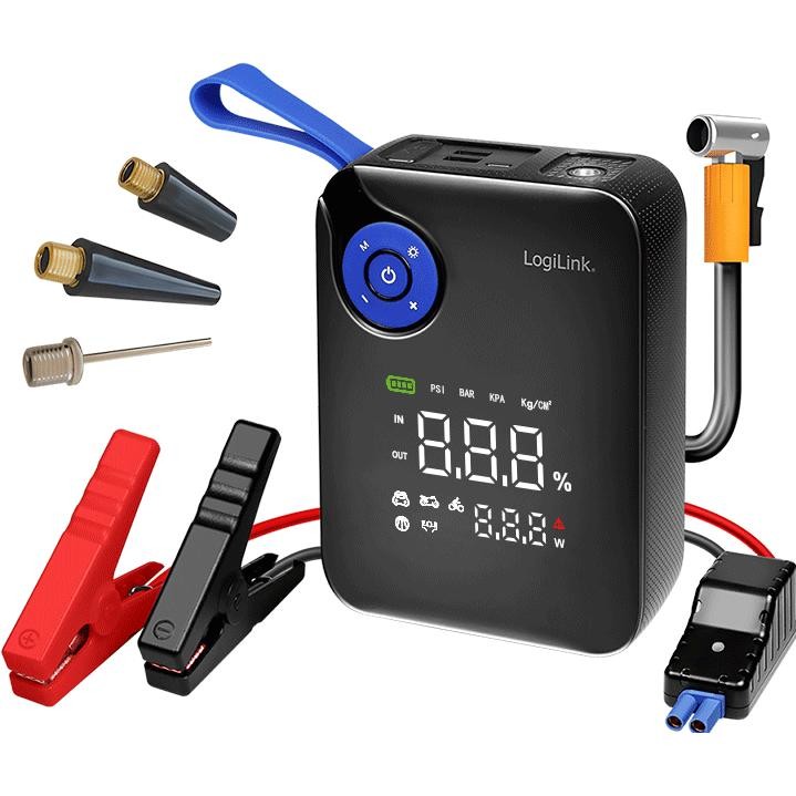 LogiLink 4-in-1 Car Jump Starter in black with blue accents, featuring a digital display, red and black jumper cables, and multiple nozzle attachments for inflating tires.