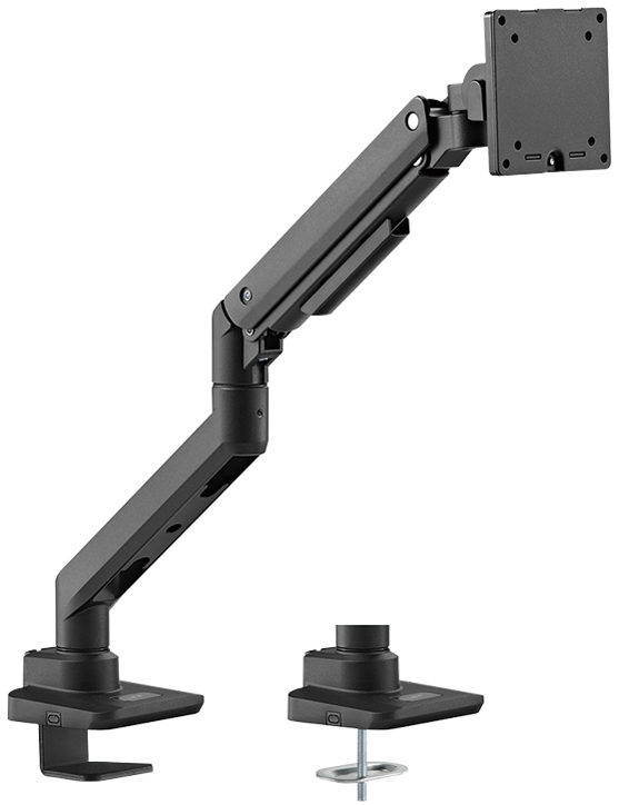 Heavy-duty LogiLink monitor mount in black, adjustable gas spring arm designed for screens 17"-49", featuring sturdy clamp and grommet base for secure attachment.