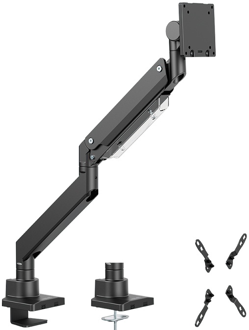Heavy-duty LogiLink monitor mount in black, adjustable for 17"-57" screens, featuring a gas spring mechanism and sturdy clamp base for secure attachment.