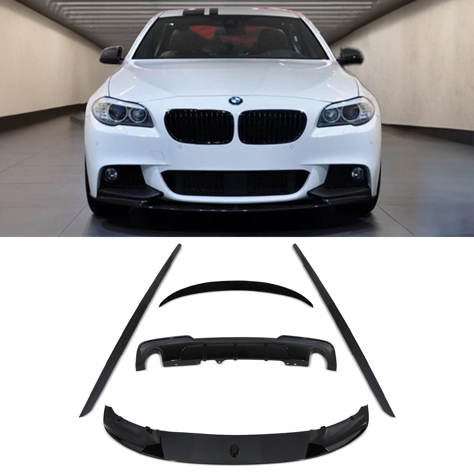 M Performance Style Body Kit for BMW 5 Series F10 (2010-2017) in black, featuring a dual exit exhaust, front lip, side skirts, and rear diffuser for enhanced aerodynamics.