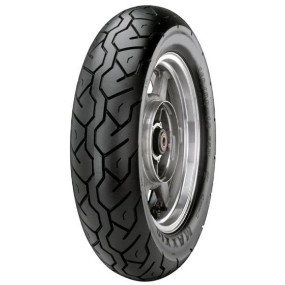 Black rubber motorcycle tyre with a tread pattern designed for grip, featuring the Maxxis logo and specifications 120/80-17 and 61S TL on the sidewall.