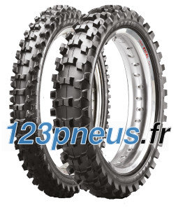 Two Maxxis M7332+ Maxxcross MX ST front tires, 70/100-17 size, featuring a rugged tread pattern and a black rubber material designed for off-road performance.