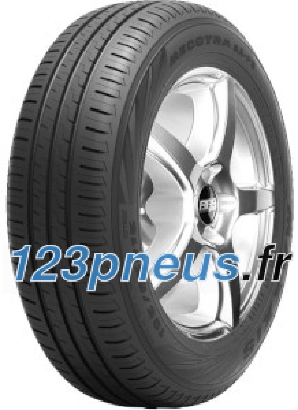 Maxxis Mecotra MAP5 summer tyre features a sleek black rubber design with a tread pattern optimized for performance, mounted on a shiny silver alloy wheel.