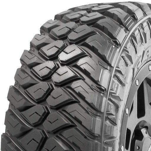 Maxxis Razr MT 245/75R16 mud terrain tire featuring deep, aggressive treads for enhanced traction, with a rugged black rubber construction suitable for all-season use.