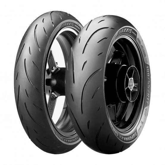 Maxxis Supermaxx Sport MA-SP dual compound tyre set featuring a sleek black design with prominent tread patterns, sizes 110/70-17 and 140/70-17, designed for enhanced grip and performance.