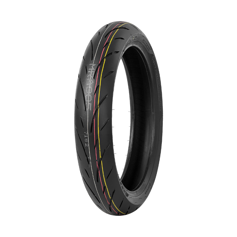Maxxis MA-SP 54H TL Supermaxx Sport front tyre in size 110/70-17, featuring a sleek black rubber design with distinctive yellow and red stripes on the tread.