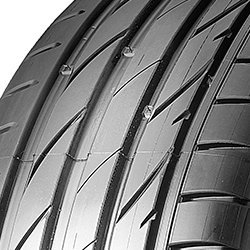 Black high-performance tire with a sleek tread pattern, featuring deep grooves for enhanced grip, marked with "Maxxis Victra Sport 5" and specifications for size and load rating.