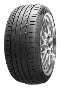 Maxxis Victra Sport 5 VS5 summer tyre in size 255/55 R19, featuring a sleek black rubber tread with deep grooves for enhanced grip and a silver alloy wheel design.