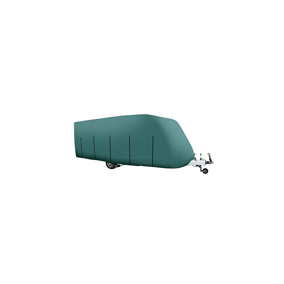 Green caravan cover designed for 17ft to 17ft 4in models, featuring a sleek, fitted shape with reinforced seams and a weather-resistant material for protection.